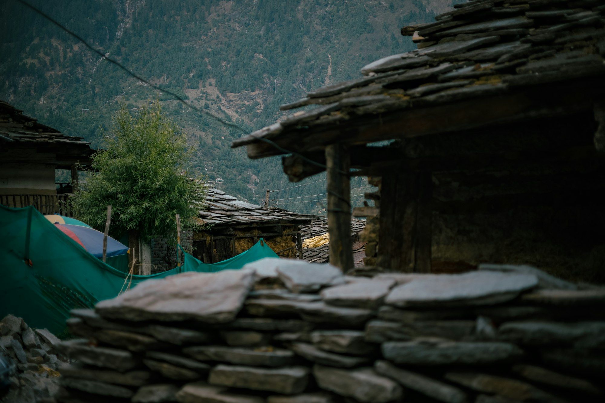Old stone cottages with heavy slate roofs and a stacked stone wall, with a tree and hills behind.