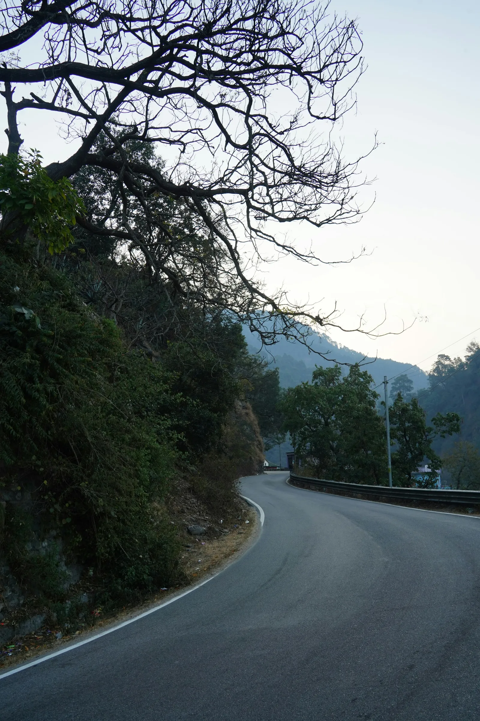 A narrow road curving round a forested hillside, with hills fading into haze beyond.